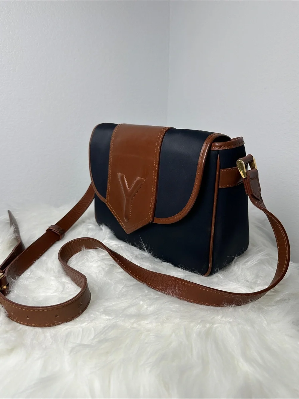 💯Authentic Yves Saint Laurent YSL Vintage Navy & Brown Crossbody Shoulder Bag🍀